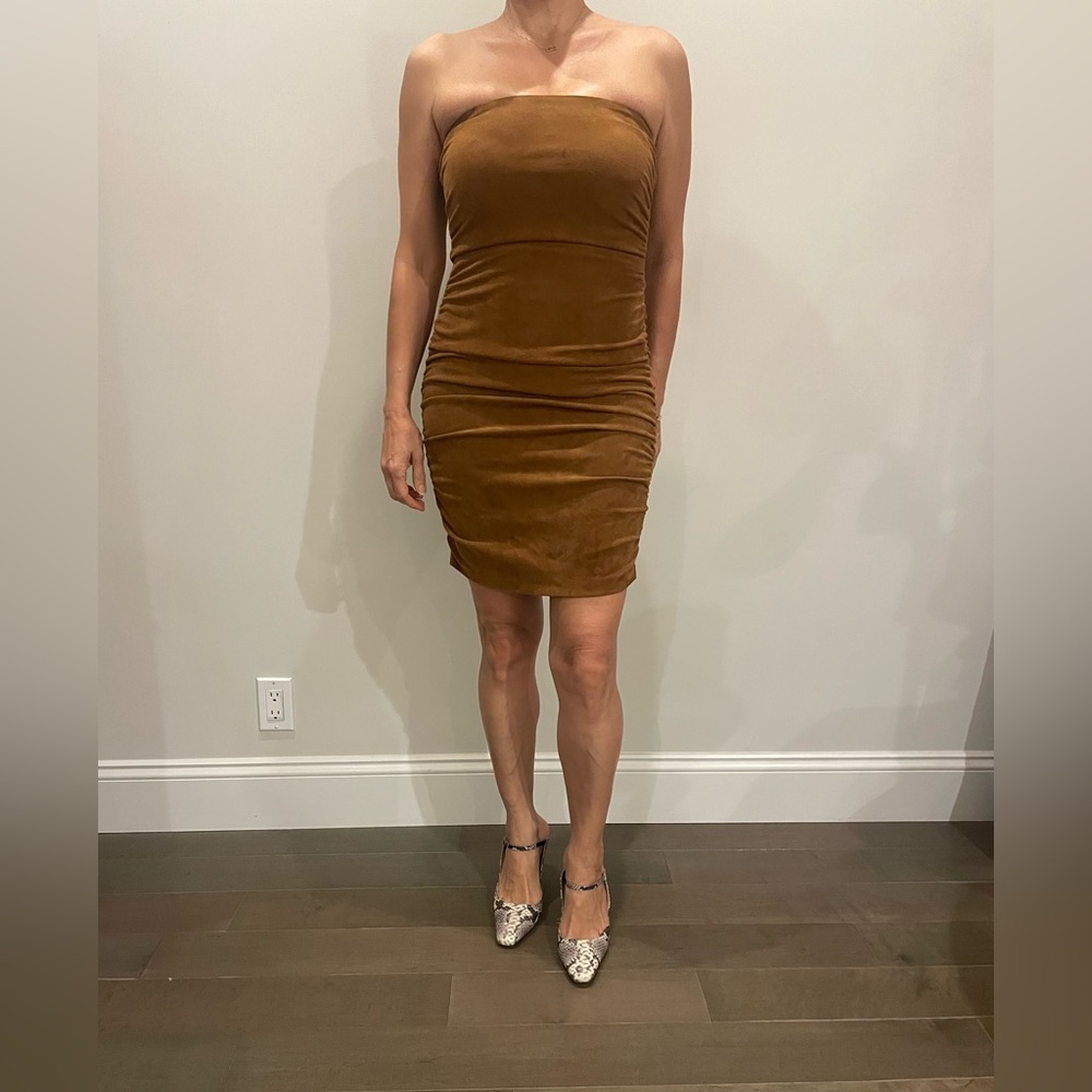 Fitted Sleeveless Suede-Look Bodycon Dress in Cognac